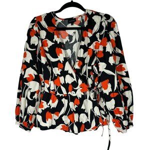 WHO WHAT WEAR Womens Spring Tulips Cotton‎ Wrap Puff Sleeve Peplum Top Large